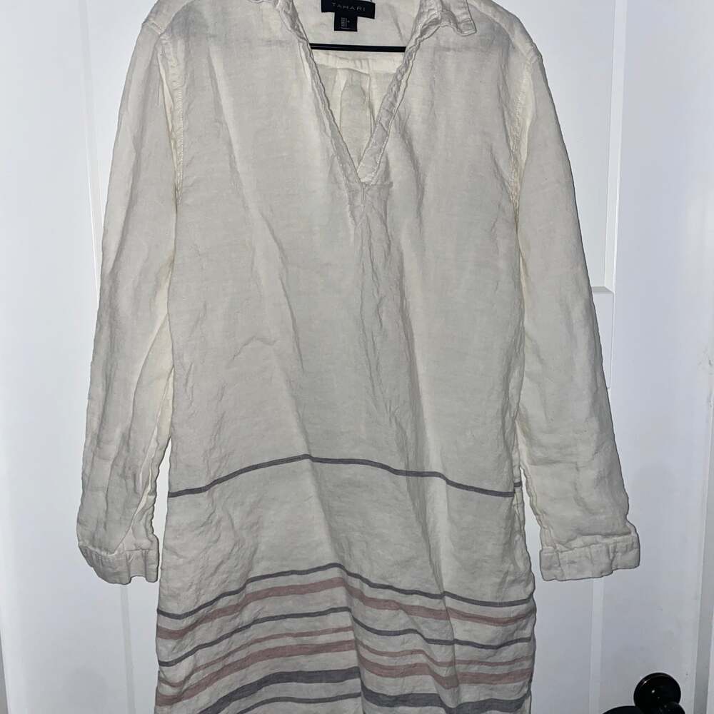 TAHARI 100% LINEN SHIRTDRESS Offwhite SZ large